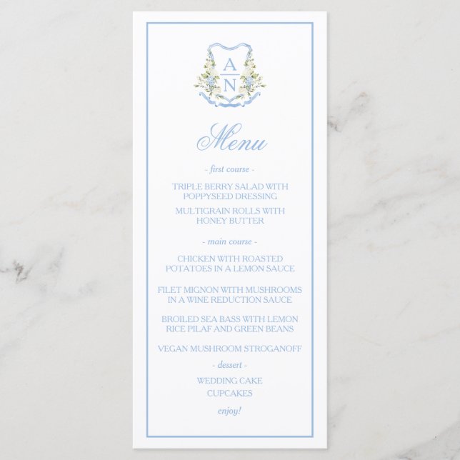 Blue Hydrangea Crest Monogram Wedding Menu Menükarte (Vorderseite)