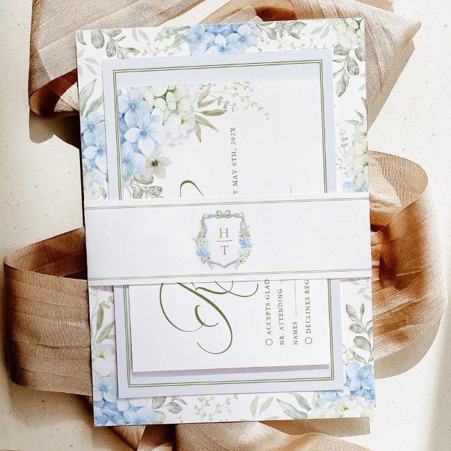 Blue Hydrangea Crest Wedding Monogram Einladungsbanderole (Von Creator hochgeladen)