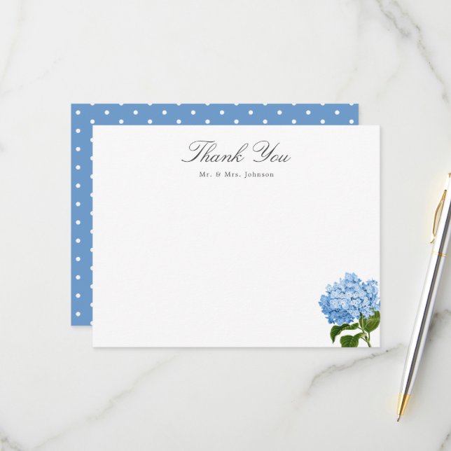 Blue Hydrangea Custom Name Thank You Flat Card RSVP Karte (Vorderseite/Rückseite Beispiel)