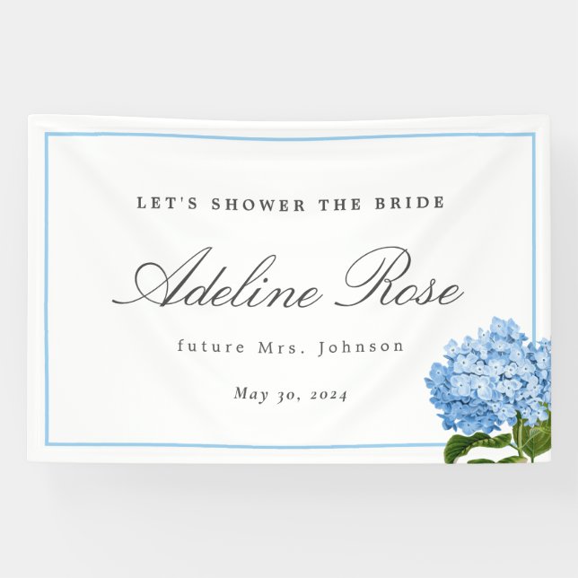 Blue Hydrangea Dusche Name und Datum der Braut Banner (Horizontal)