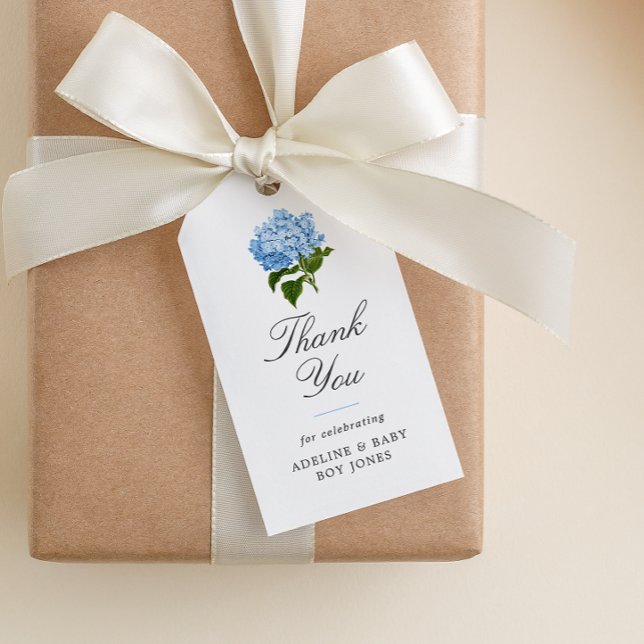Blue Hydrangea Elegant Baby Dusche Vielen Dank Geschenkanhänger (paper baby shower favor gift tag with elegant fonts and blue hydrangea blossom)
