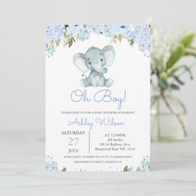 Blue Hydrangea Elephant Baby Dusche Einladung (Stehend Vorderseite)