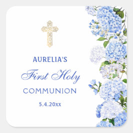 Blue Hydrangea First Communion Quadratischer Aufkleber