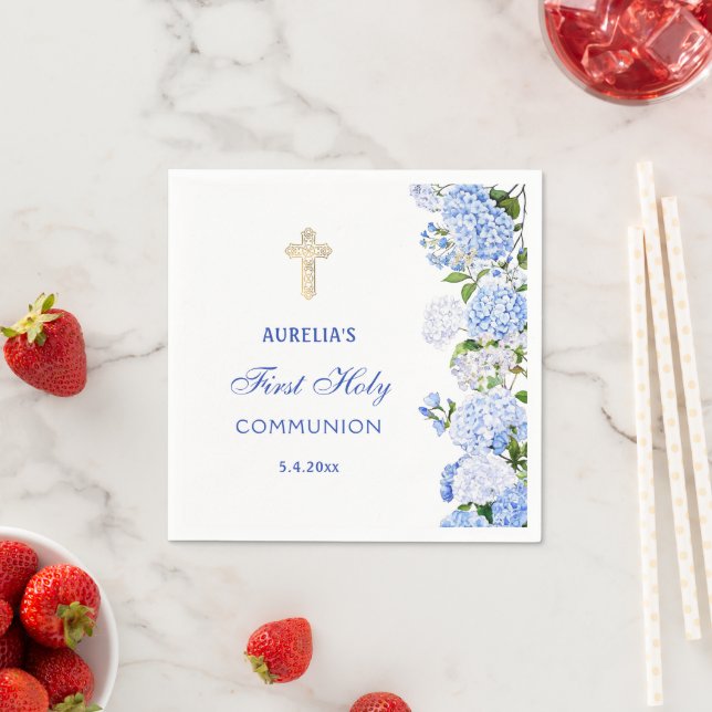 Blue Hydrangea First Communion Serviette (Beispiel)