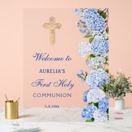 Blue Hydrangea First Communion Welcome Acrylschild