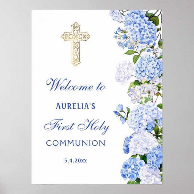 Blue Hydrangea First Communion Welcome Poster (Vorne)