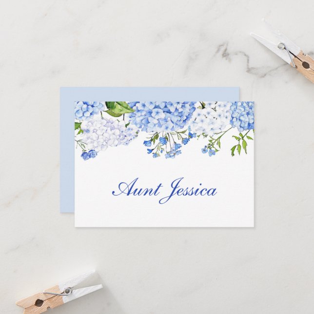 Blue Hydrangea Flat Place Card (Vorderseite/Rückseite Beispiel)