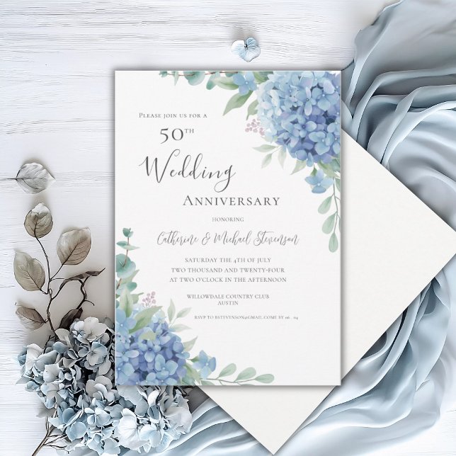Blue Hydrangea Floral 50th Wedding Anniversary Einladung (Von Creator hochgeladen)