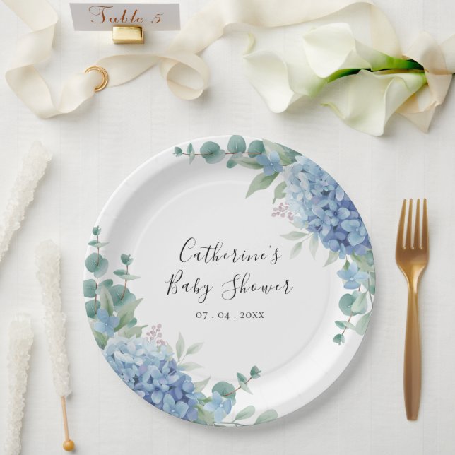 Blue Hydrangea Floral Baby Shower Pappteller (Hochzeit)