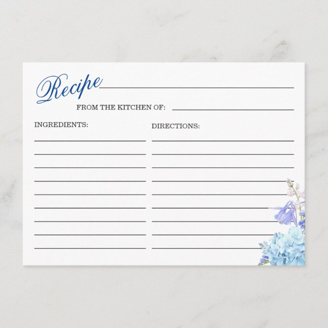 Blue Hydrangea Floral Brautparty Rezept Card Begleitkarte (Vorderseite)