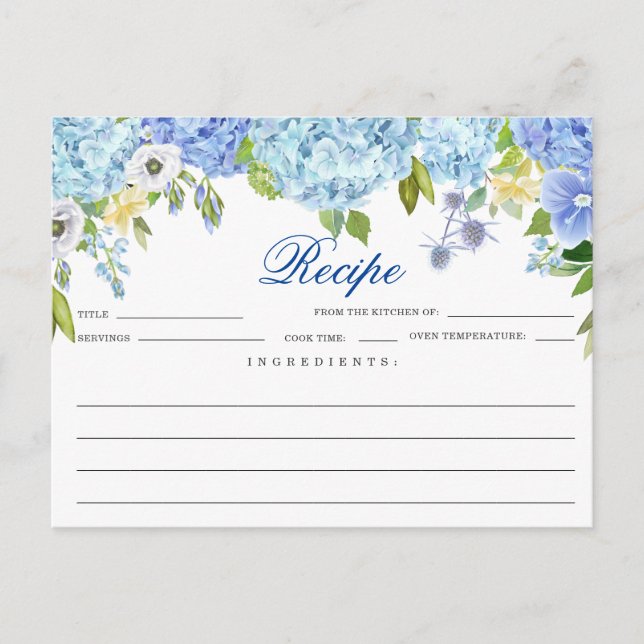 Blue Hydrangea Floral Brautparty Rezept Card Postkarte (Vorderseite)