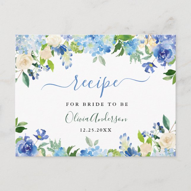 Blue Hydrangea Floral Brautparty Rezept Card Postkarte (Vorderseite)
