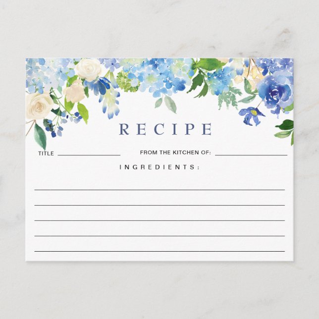 Blue Hydrangea Floral Brautparty Rezept Card Postkarte (Vorderseite)