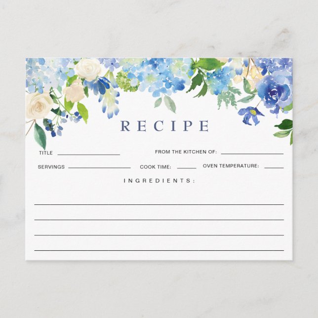 Blue Hydrangea Floral Brautparty Rezept Card Postkarte (Vorderseite)