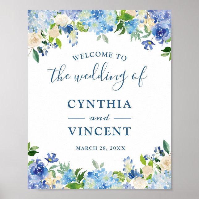 Blue Hydrangea Floral Chic Wedding Willkommenszeic Poster (Vorne)