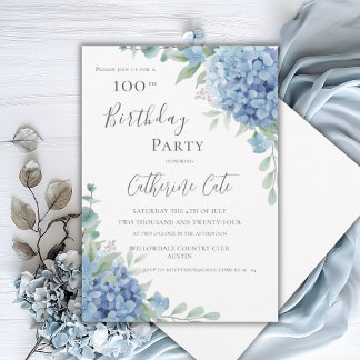 Blue Hydrangea Floral Elegant 100th Birthday Einladung