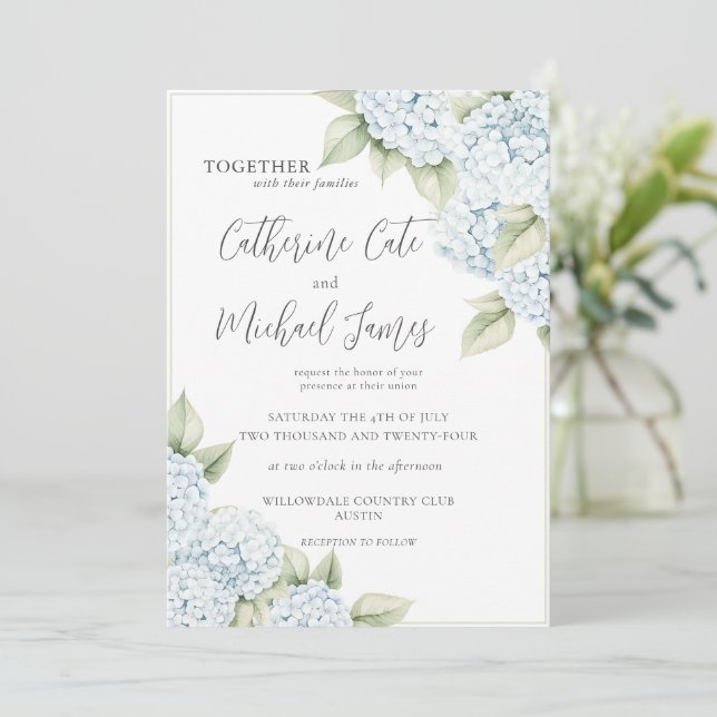 Blue Hydrangea Floral Elegant Wedding Einladung (Stehend Vorderseite)