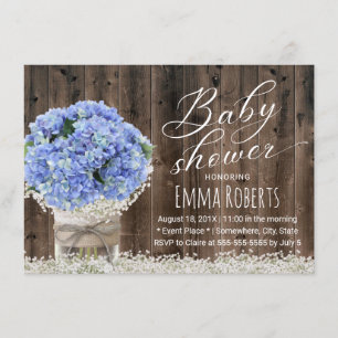 Blue Hydrangea Floral Jar Barn Wood Baby Dusche Einladung