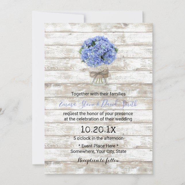 Blue Hydrangea Floral Jar Rustic Wood Wedding Einladung (Vorderseite)