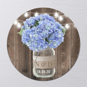 Blue Hydrangea Floral Jar Rustic Wood Wedding Runder Aufkleber