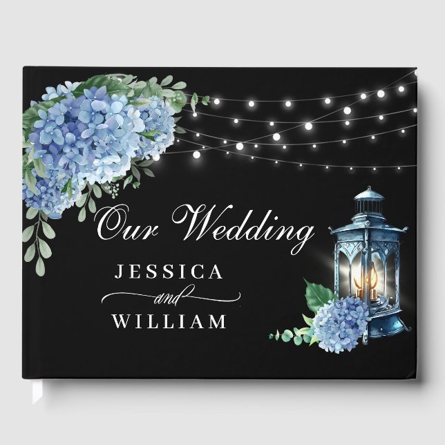 Blue Hydrangea Floral Lantern Black Boho Wedding Gästebuch (Vorderseite)