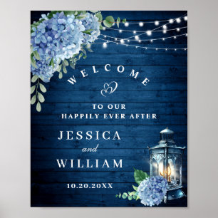 Blue Hydrangea Floral Lantern Holz Begrüßung Hochz Poster