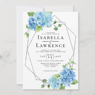 Blue Hydrangea Floral Silver Elegante Hochzeit Einladung
