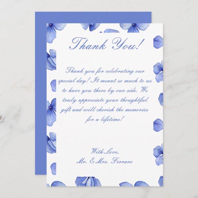 Blue Hydrangea Floral Wedding Dankeskarte (Vorne/Hinten)