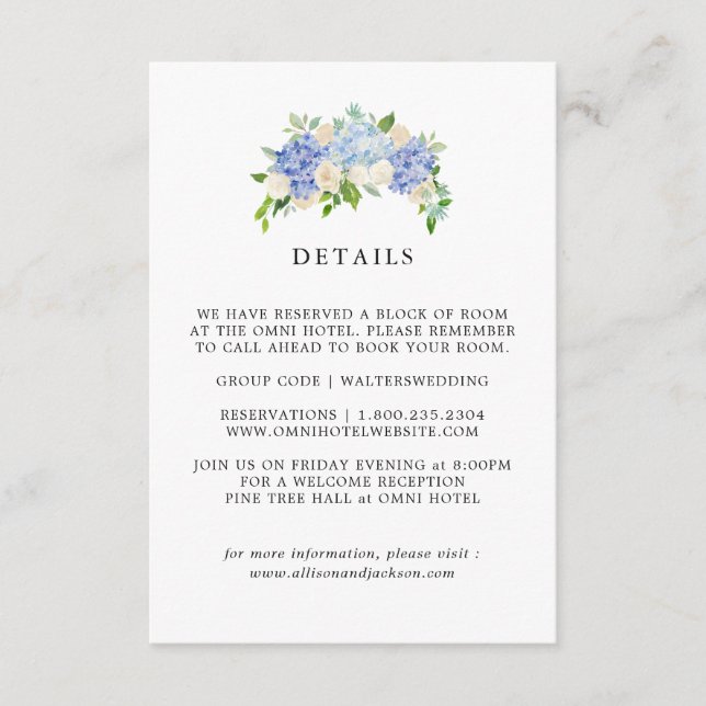 Blue Hydrangea Floral Wedding Details Cards Begleitkarte (Vorderseite)