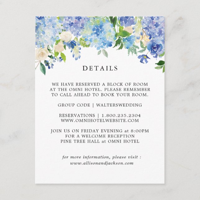 Blue Hydrangea Floral Wedding Details Cards Begleitkarte (Vorderseite)