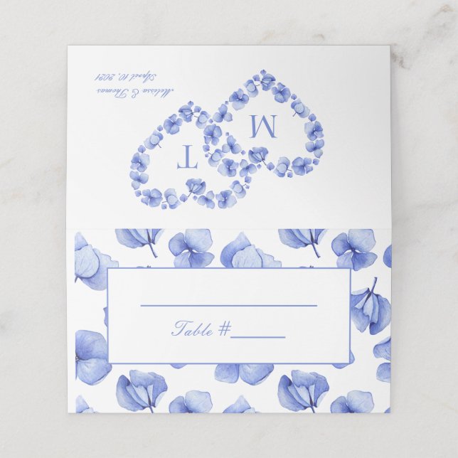 Blue Hydrangea Floral Wedding Folded Platzkarte (Außenseite Aufgefaltet)