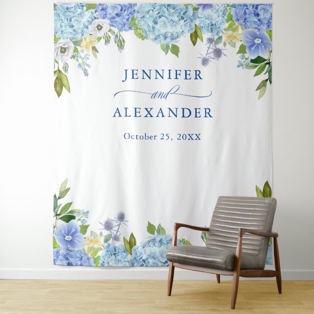 Blue Hydrangea Floral Wedding Foto Stand Hintergru Wandteppich (Beispiel)