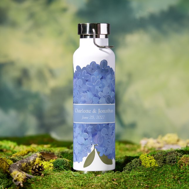 Blue Hydrangea Floral Wedding Personalisiert Names Trinkflasche (Außenbereich)