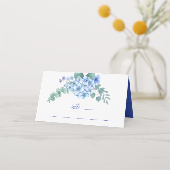 Blue Hydrangea Floral Wedding Platzkarte (Vorderseite)