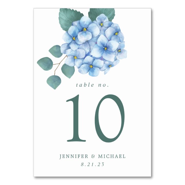 Blue Hydrangea Floral Wedding Tischnummer (Vorderseite)
