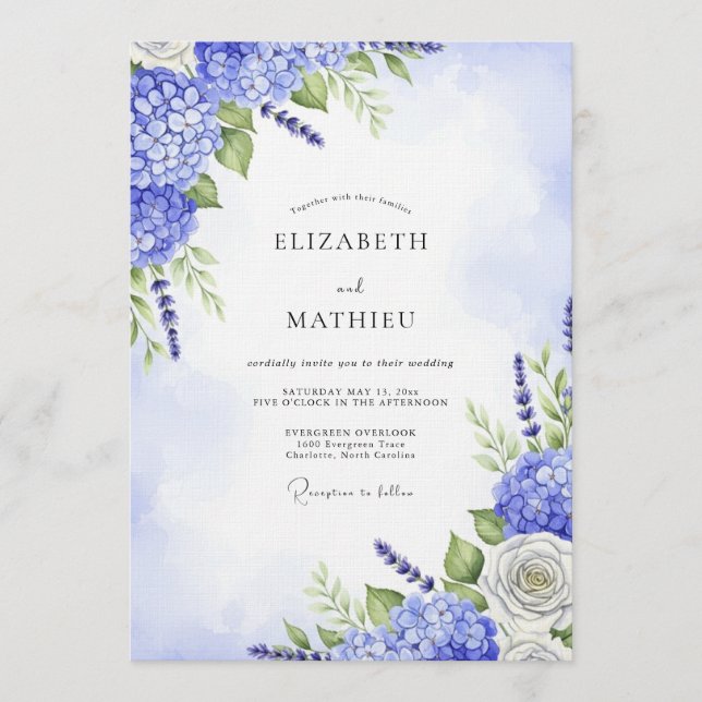 Blue Hydrangea Floral Whimsy Wedding Einladung (Vorderseite)