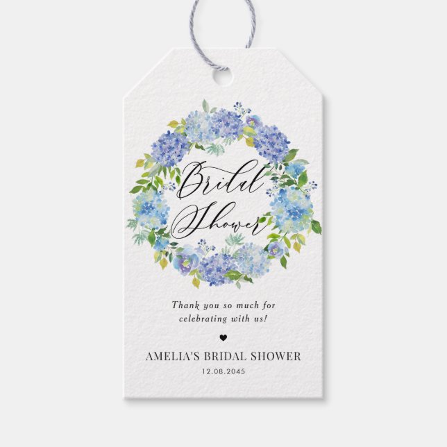 Blue Hydrangea Floral Wreath Brautparty Geschenkanhänger (Vorderseite)