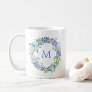 Blue Hydrangea Floral Wreath Monogram Coffee Tasse