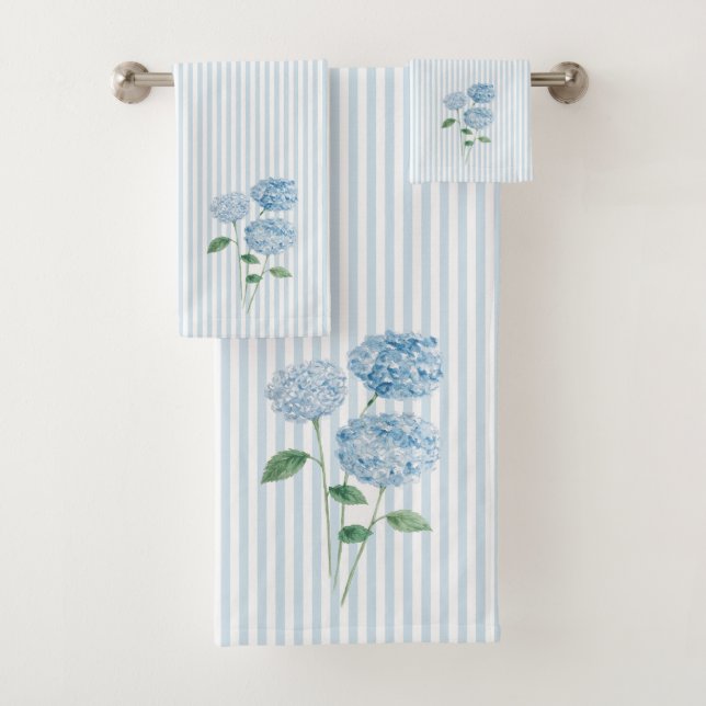 Blue Hydrangea Flower Painting Blue Stripe Badhandtuch Set (Insitu)