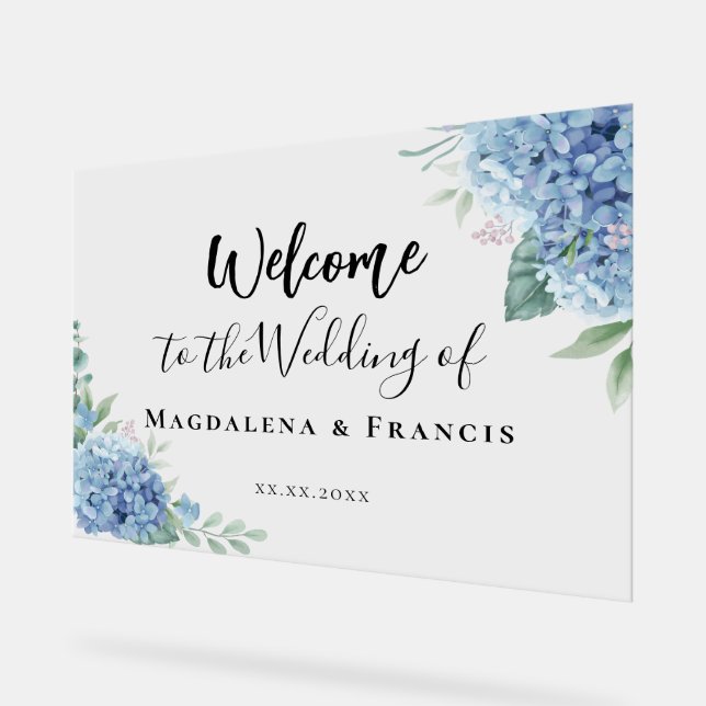 Blue Hydrangea flowers wedding welcome Acrylschild (Winkel)