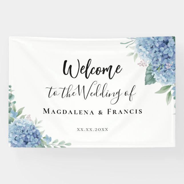 Blue Hydrangea flowers wedding welcome Banner (Horizontal)
