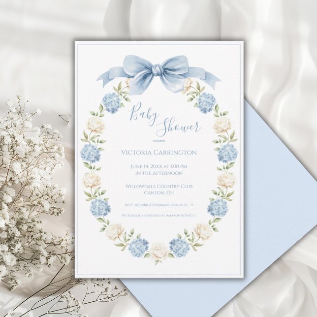 Blue Hydrangea Frame Elegant Bow Baby Shower  Einladung (Von Creator hochgeladen)