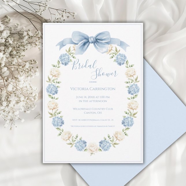 Blue Hydrangea Frame Elegant Bow Bridal Shower  Einladung (Von Creator hochgeladen)