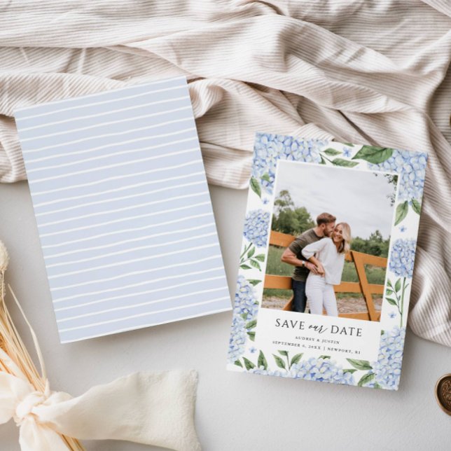 Blue Hydrangea Gerahmtes Foto Save the Date Einladung (Von Creator hochgeladen)