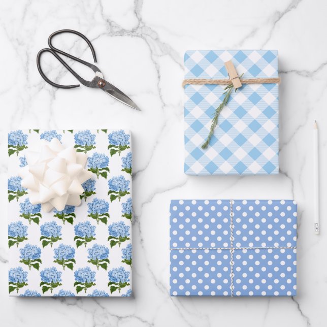 Blue Hydrangea Gingham und Polka Dot Pattern Geschenkpapier Set (Vorderseite)