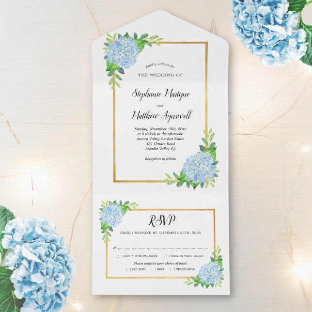 Blue Hydrangea Gold Border Wedding All In One Einladung (Von Creator hochgeladen)