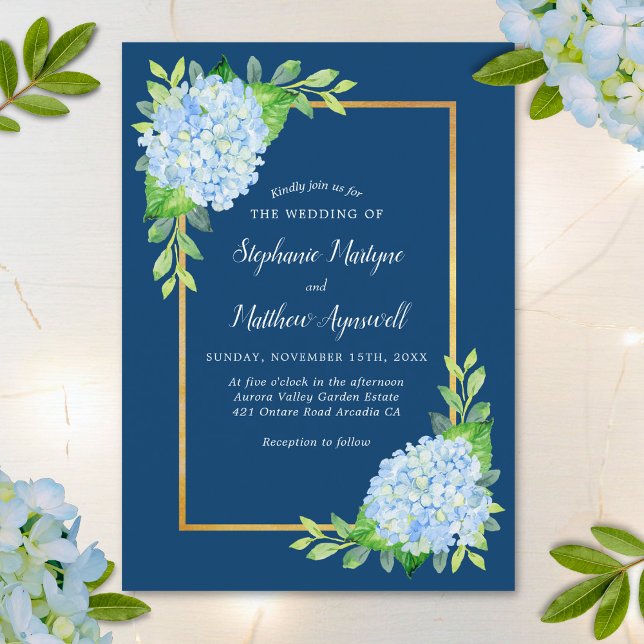 Blue Hydrangea Gold Border Wedding Einladung (Von Creator hochgeladen)