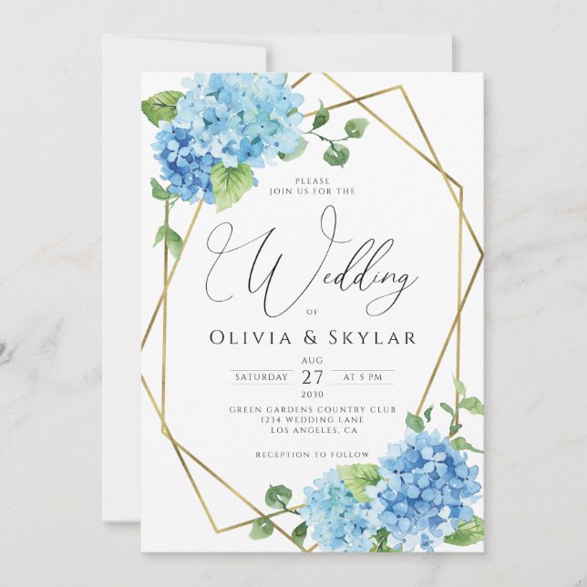 Blue Hydrangea Gold QR Code in einer Hochzeit Einladung (Vorderseite)