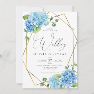 Blue Hydrangea Gold QR Code in einer Hochzeit Einladung
