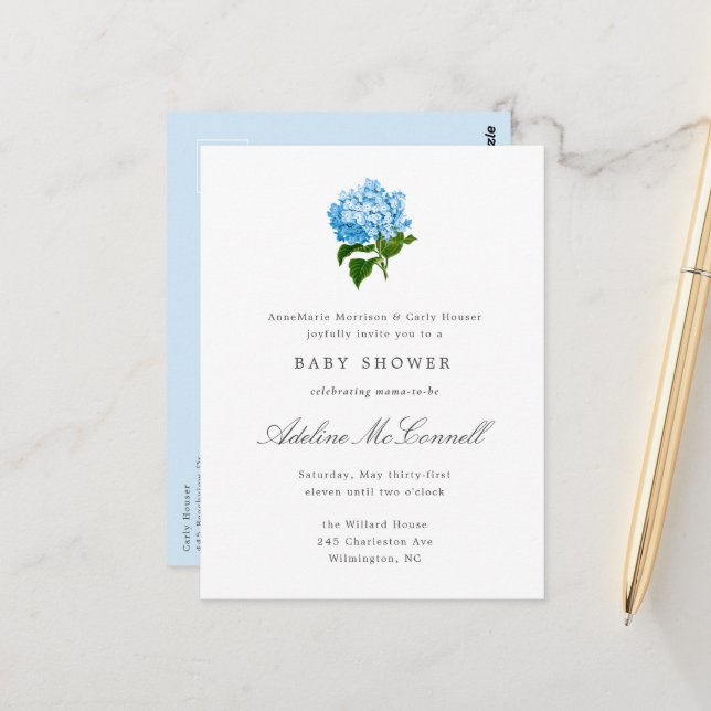 Blue Hydrangea Grandmillennial Baby Shower Postkarte (Vorderseite/Rückseite Beispiel)